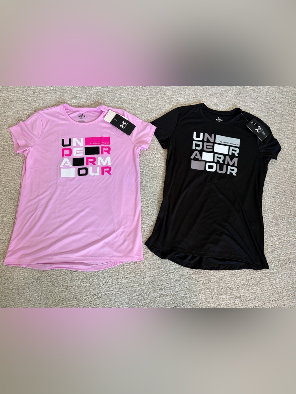 NWT Under Armour Girls Graphic Tee Bundle Pink Black Performance Shirts Set of 2